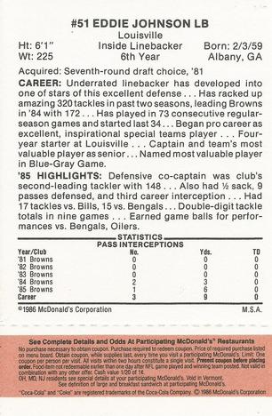 1986 McDonald's Cleveland Browns - Full Game Pieces - Week 3 Gold/Orange Tab #NNO Eddie Johnson Back