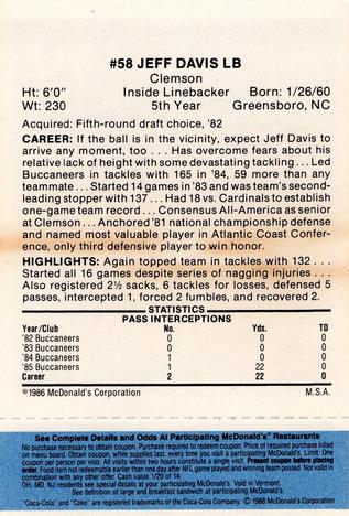 1986 McDonald's Tampa Bay Buccaneers - Full Game Pieces - Week 1 Blue Tab #NNO Jeff Davis Back
