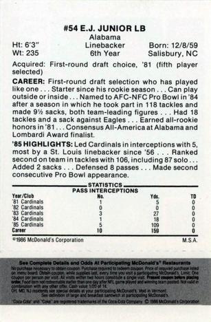 1986 McDonald's St. Louis Cardinals - Full Game Pieces - Week 2 Black/Gray Tab #NNO E.J. Junior Back
