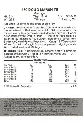 1986 McDonald's St. Louis Cardinals - Full Game Pieces - Week 2 Black/Gray Tab #NNO Doug Marsh Back