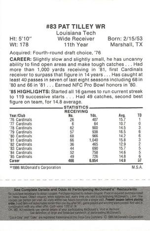 1986 McDonald's St. Louis Cardinals - Full Game Pieces - Week 2 Black/Gray Tab #NNO Pat Tilley Back