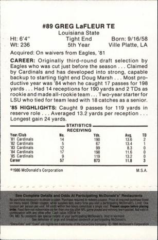 1986 McDonald's St. Louis Cardinals - Full Game Pieces - Week 2 Black/Gray Tab #NNO Greg LaFleur Back
