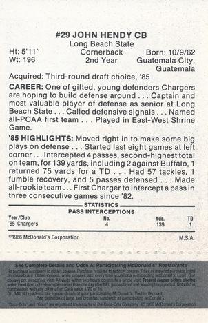 1986 McDonald's San Diego Chargers - Full Game Pieces - Week 2 Black/Gray Tab #NNO John Hendy Back