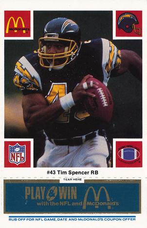 1986 McDonald's San Diego Chargers - Full Game Pieces - Week 1 Blue Tab #NNO Tim Spencer Front