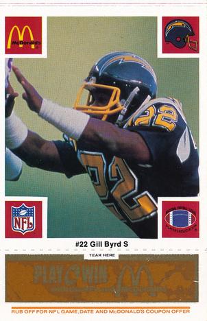 1986 McDonald's San Diego Chargers - Full Game Pieces - Week 3 Gold/Orange Tab #NNO Gill Byrd Front
