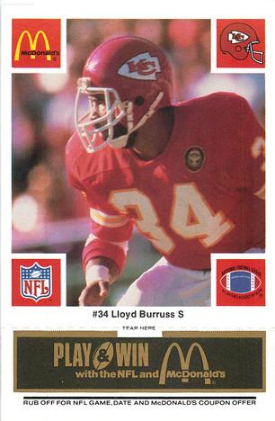 1986 McDonald's Kansas City Chiefs - Full Game Pieces - Week 2 Black/Gray Tab #NNO Lloyd Burruss Front