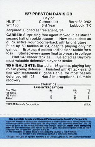 1986 McDonald's Indianapolis Colts - Full Game Pieces - Week 1 Blue Tab #NNO Preston Davis Back