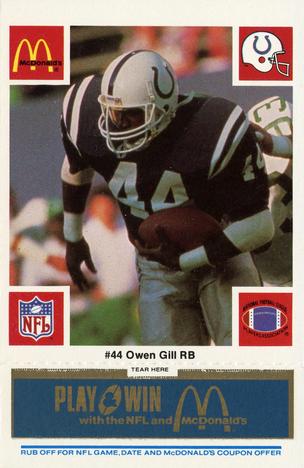 1986 McDonald's Indianapolis Colts - Full Game Pieces - Week 1 Blue Tab #NNO Owen Gill Front