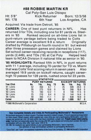 1986 McDonald's Indianapolis Colts - Full Game Pieces - Week 1 Blue Tab #NNO Robbie Martin Back