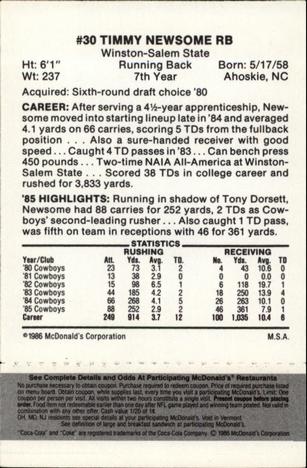 1986 McDonald's Dallas Cowboys - Full Game Pieces - Week 2 Black/Gray Tab #NNO Timmy Newsome Back