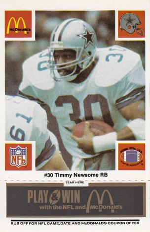 1986 McDonald's Dallas Cowboys - Full Game Pieces - Week 2 Black/Gray Tab #NNO Timmy Newsome Front
