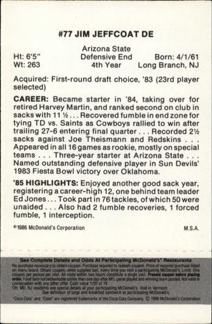 1986 McDonald's Dallas Cowboys - Full Game Pieces - Week 2 Black/Gray Tab #NNO Jim Jeffcoat Back