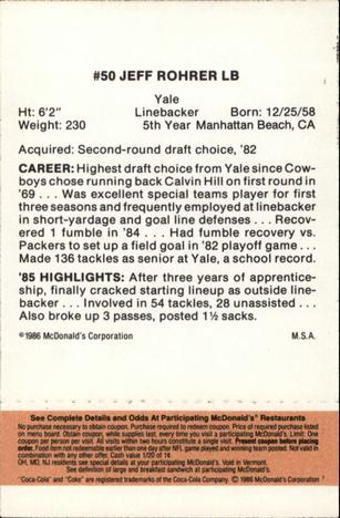 1986 McDonald's Dallas Cowboys - Full Game Pieces - Week 3 Gold/Orange Tab #NNO Jeff Rohrer Back
