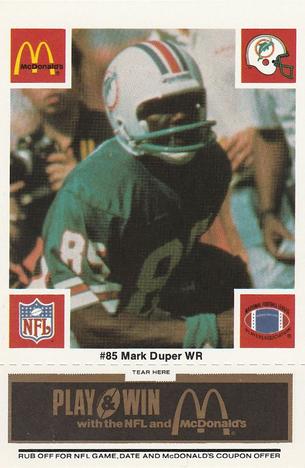 1986 McDonald's Miami Dolphins - Full Game Pieces - Week 2 Black/Gray Tab #NNO Mark Duper Front