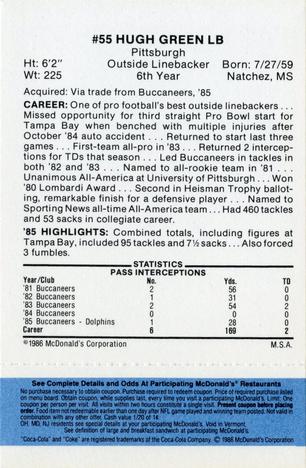 1986 McDonald's Miami Dolphins - Full Game Pieces - Week 1 Blue Tab #NNO Hugh Green Back