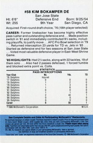 1986 McDonald's Miami Dolphins - Full Game Pieces - Week 1 Blue Tab #NNO Kim Bokamper Back