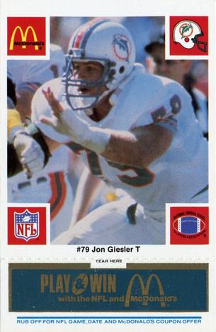 1986 McDonald's Miami Dolphins - Full Game Pieces - Week 1 Blue Tab #NNO Jon Giesler Front
