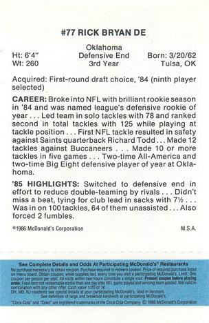 1986 McDonald's Atlanta Falcons - Full Game Pieces: Week 1 Blue Tab #NNO Rick Bryan Back