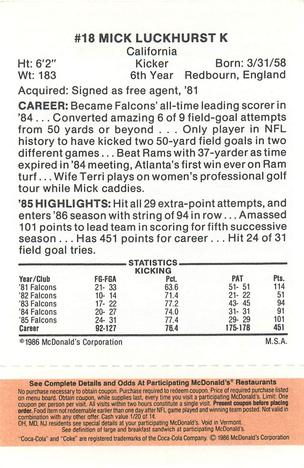 1986 McDonald's Atlanta Falcons - Full Game Pieces: Week 3 Gold/Orange Tab #NNO Mick Luckhurst Back