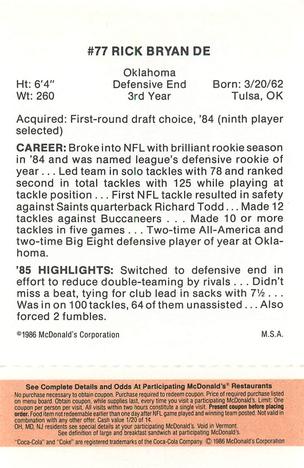 1986 McDonald's Atlanta Falcons - Full Game Pieces: Week 3 Gold/Orange Tab #NNO Rick Bryan Back