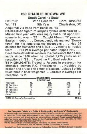 1986 McDonald's Atlanta Falcons - Full Game Pieces: Week 3 Gold/Orange Tab #NNO Charlie Brown Back