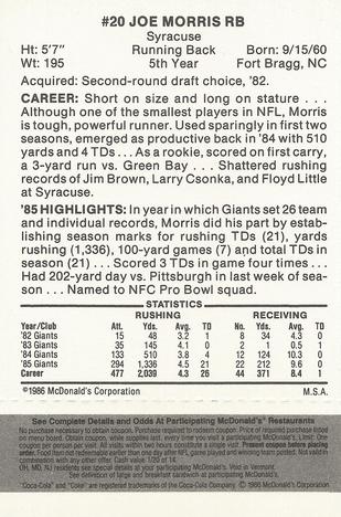 1986 McDonald's New York Giants - Full Game Pieces - Week 2 Black/Gray Tab #NNO Joe Morris Back