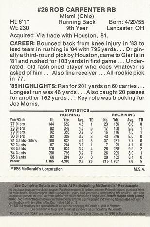 1986 McDonald's New York Giants - Full Game Pieces - Week 2 Black/Gray Tab #NNO Rob Carpenter Back