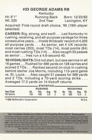 1986 McDonald's New York Giants - Full Game Pieces - Week 2 Black/Gray Tab #NNO George Adams Back