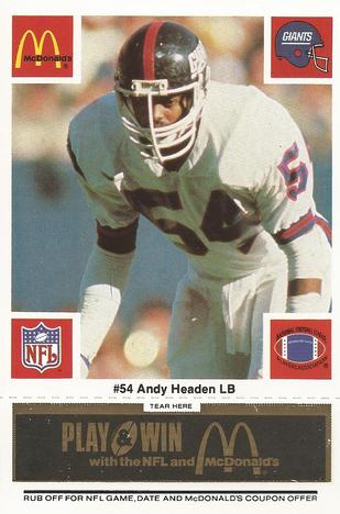 1986 McDonald's New York Giants - Full Game Pieces - Week 2 Black/Gray Tab #NNO Andy Headen Front