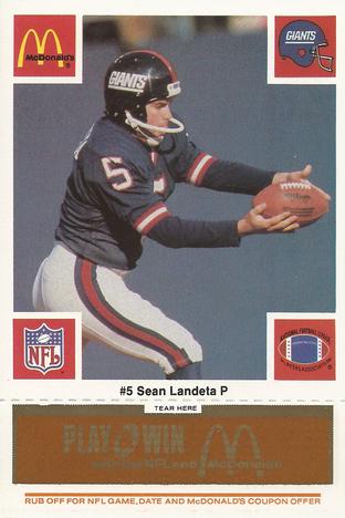 1986 McDonald's New York Giants - Full Game Pieces - Week 3 Gold/Orange Tab #NNO Sean Landeta Front