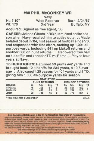 1986 McDonald's New York Giants - Full Game Pieces - Week 3 Gold/Orange Tab #NNO Phil McConkey Back