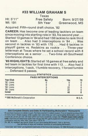 1986 McDonald's Detroit Lions - Full Game Pieces - Week 1 Blue Tab #NNO William Graham Back