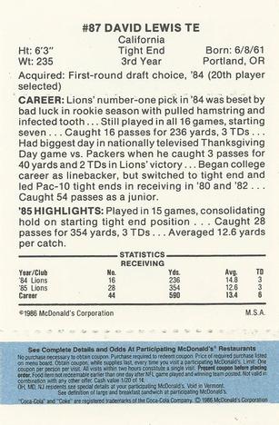 1986 McDonald's Detroit Lions - Full Game Pieces - Week 1 Blue Tab #NNO David Lewis Back