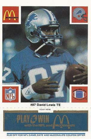 1986 McDonald's Detroit Lions - Full Game Pieces - Week 1 Blue Tab #NNO David Lewis Front