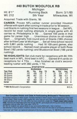 1986 McDonald's Houston Oilers - Full Game Pieces - Week 1 Blue Tab #NNO Butch Woolfolk Back