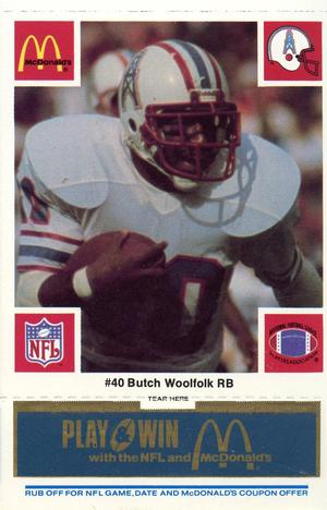 1986 McDonald's Houston Oilers - Full Game Pieces - Week 1 Blue Tab #NNO Butch Woolfolk Front
