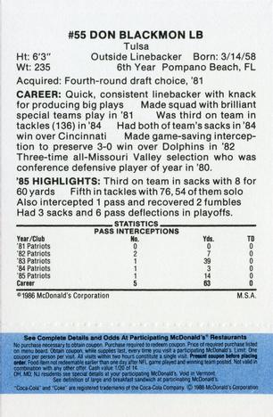 1986 McDonald's New England Patriots - Full Game Pieces - Week 1 Blue Tab #NNO Don Blackmon Back