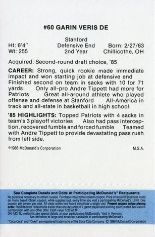 1986 McDonald's New England Patriots - Full Game Pieces - Week 1 Blue Tab #NNO Garin Veris Back