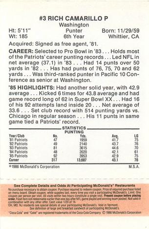 1986 McDonald's New England Patriots - Full Game Pieces - Week 3 Gold/Orange Tab #NNO Rich Camarillo Back
