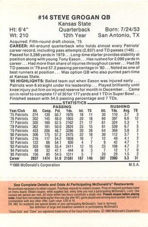 1986 McDonald's New England Patriots - Full Game Pieces - Week 3 Gold/Orange Tab #NNO Steve Grogan Back