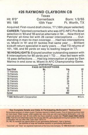1986 McDonald's New England Patriots - Full Game Pieces - Week 3 Gold/Orange Tab #NNO Raymond Clayborn Back