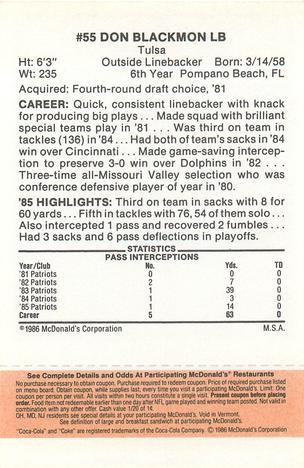 1986 McDonald's New England Patriots - Full Game Pieces - Week 3 Gold/Orange Tab #NNO Don Blackmon Back