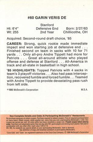 1986 McDonald's New England Patriots - Full Game Pieces - Week 3 Gold/Orange Tab #NNO Garin Veris Back