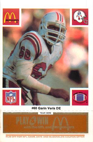 1986 McDonald's New England Patriots - Full Game Pieces - Week 3 Gold/Orange Tab #NNO Garin Veris Front
