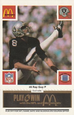 1986 McDonald's Los Angeles Raiders - Full Game Pieces Black/Gray Tab #NNO Ray Guy Front