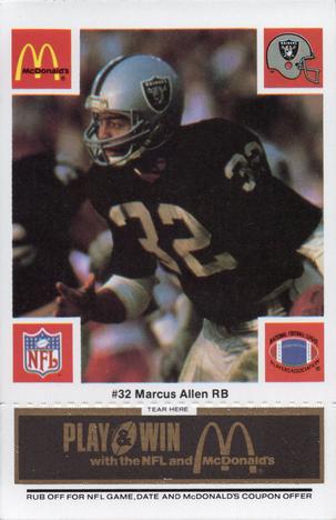 1986 McDonald's Los Angeles Raiders - Full Game Pieces Black/Gray Tab #NNO Marcus Allen Front