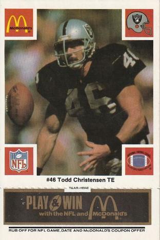 1986 McDonald's Los Angeles Raiders - Full Game Pieces Black/Gray Tab #NNO Todd Christensen Front