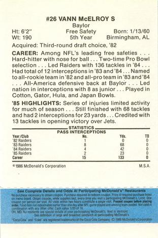 1986 McDonald's Los Angeles Raiders - Full Game Pieces Blue Tab #NNO Vann McElroy Back