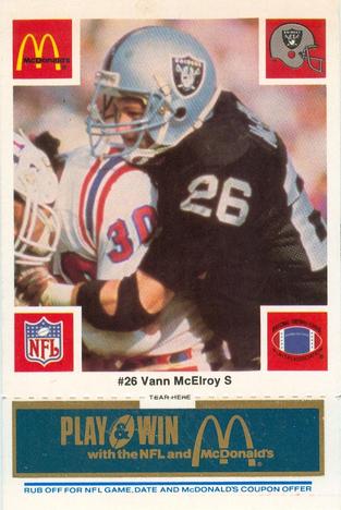 1986 McDonald's Los Angeles Raiders - Full Game Pieces Blue Tab #NNO Vann McElroy Front