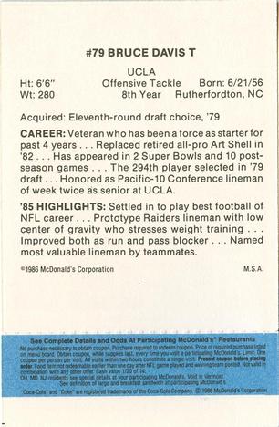 1986 McDonald's Los Angeles Raiders - Full Game Pieces Blue Tab #NNO Bruce Davis Back